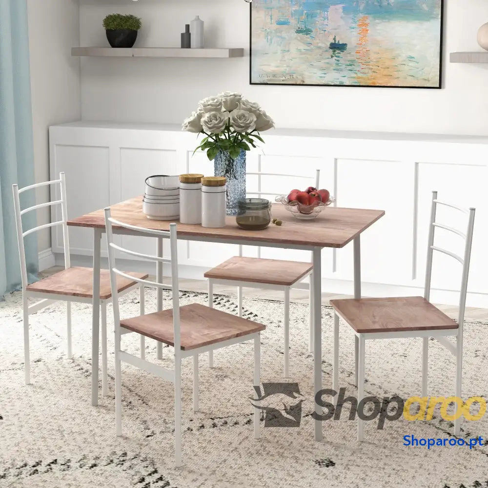 Conjunto de Refeição 5 Peças Conjunto de Mesa e 4 Cadeiras para 4 Pessoas com Estrutura de Aço 110x70x75 cm Madeira e Branco