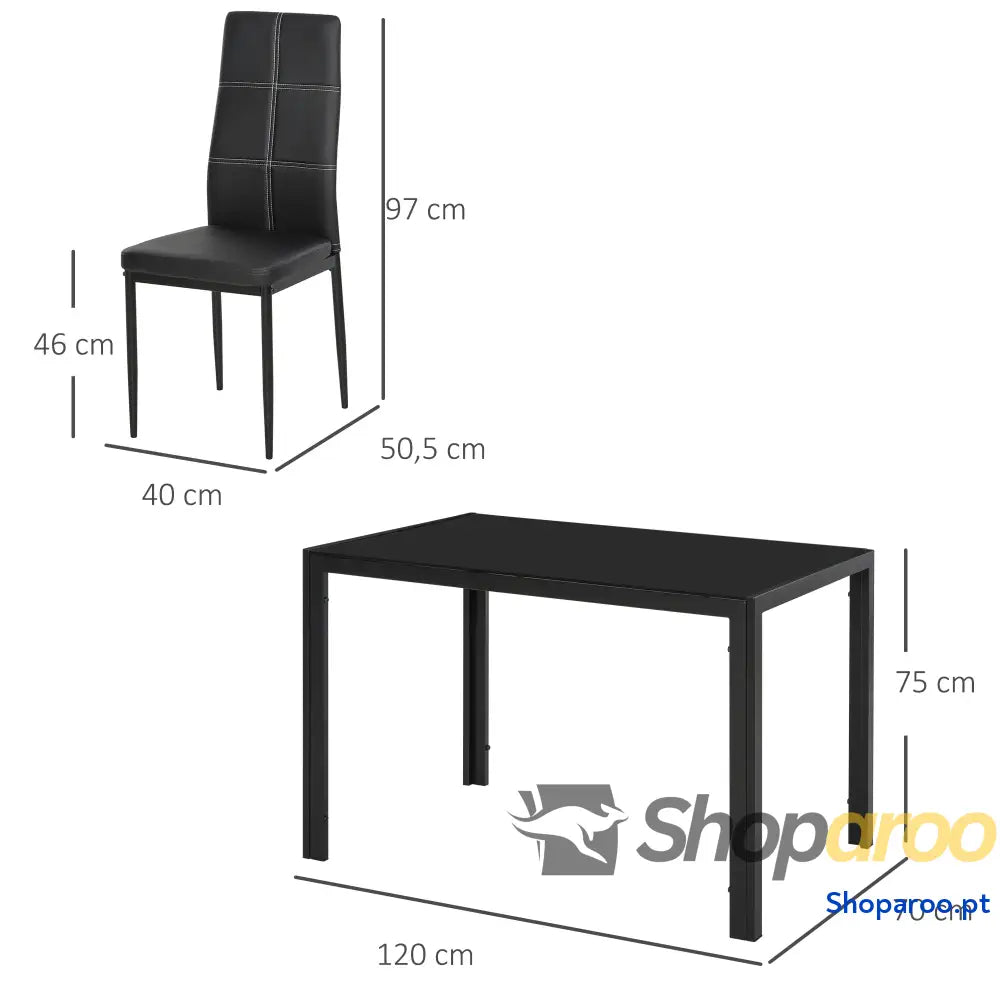 Conjunto de Refeição com Mesa Retangular Vidro Temperado e 4 Cadeiras Estofadas em PU Pés Metal Preto
