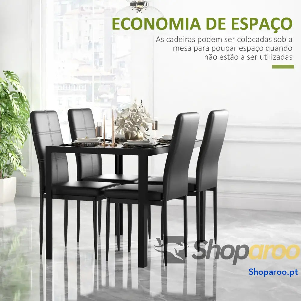 Conjunto de Refeição com Mesa Retangular Vidro Temperado e 4 Cadeiras Estofadas em PU Pés Metal Preto