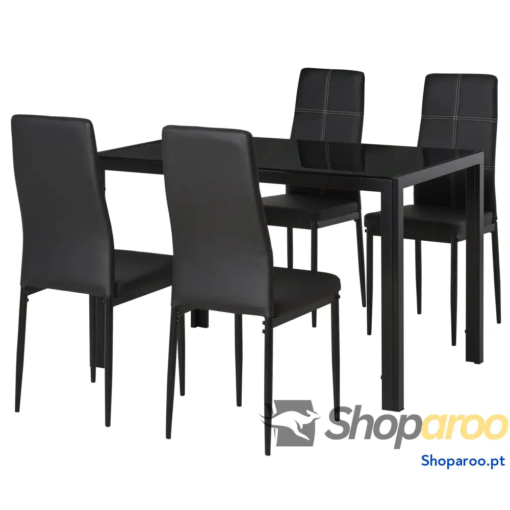 Conjunto de Refeição com Mesa Retangular Vidro Temperado e 4 Cadeiras Estofadas em PU Pés Metal Preto