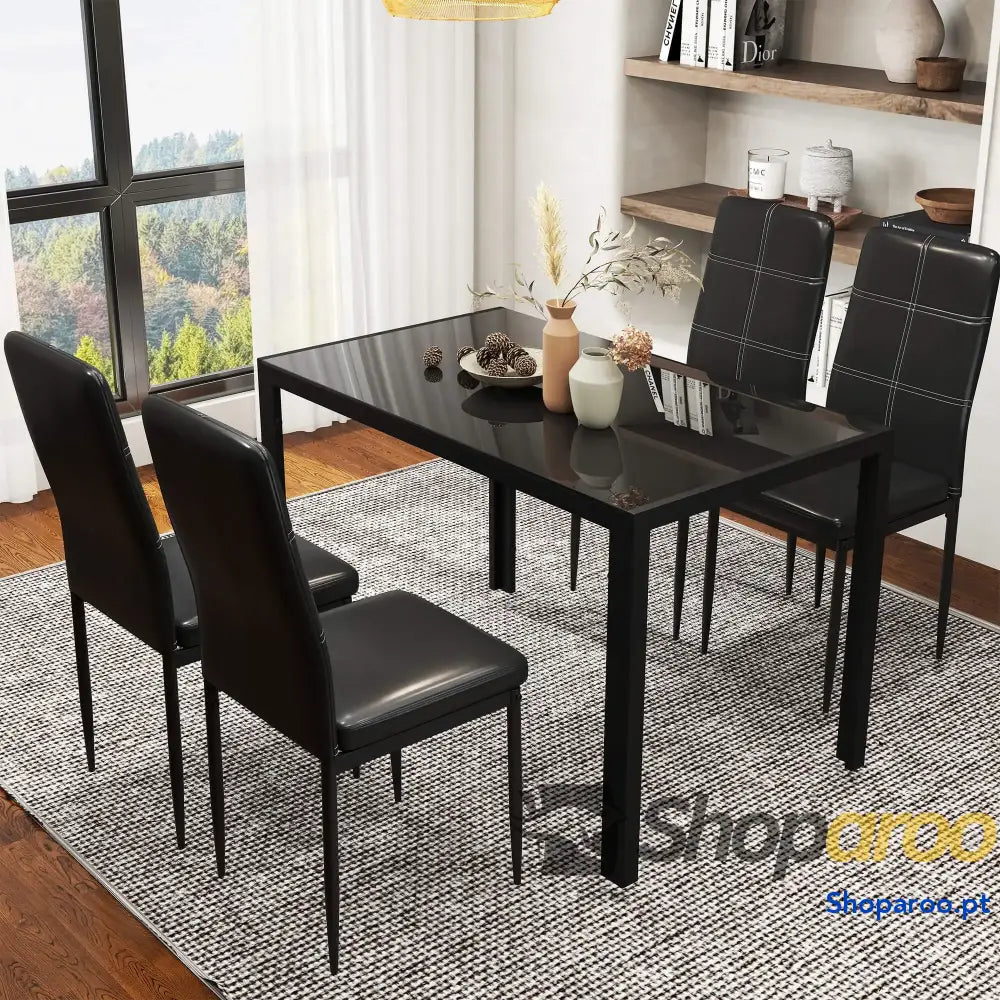 Conjunto de Refeição com Mesa Retangular Vidro Temperado e 4 Cadeiras Estofadas em PU Pés Metal Preto