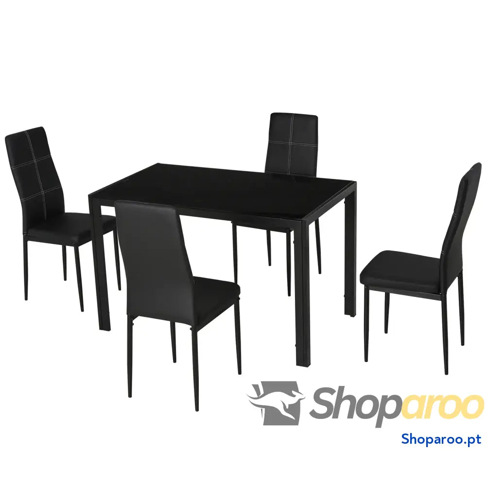 Conjunto de Refeição com Mesa Retangular Vidro Temperado e 4 Cadeiras Estofadas em PU Pés Metal Preto
