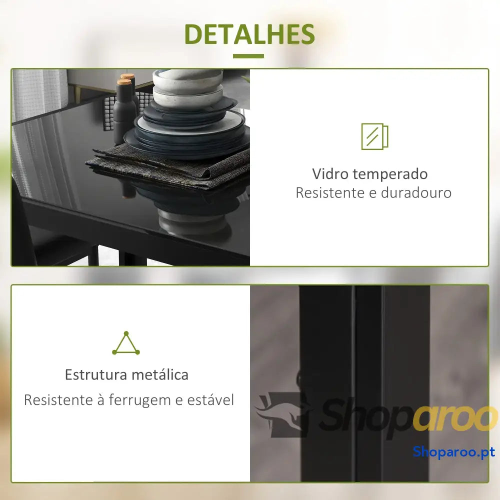 Conjunto de Refeição com Mesa Retangular Vidro Temperado e 4 Cadeiras Estofadas em PU Pés Metal Preto