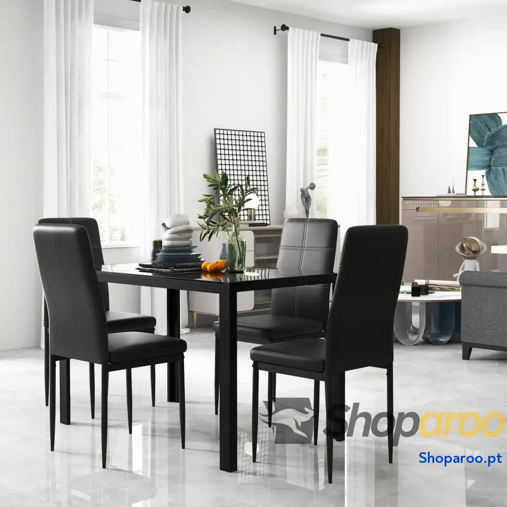 Conjunto de Refeição com Mesa Retangular de Vidro Temperado e 4 Cadeiras Estofadas em PU com Pés de Metal Preto