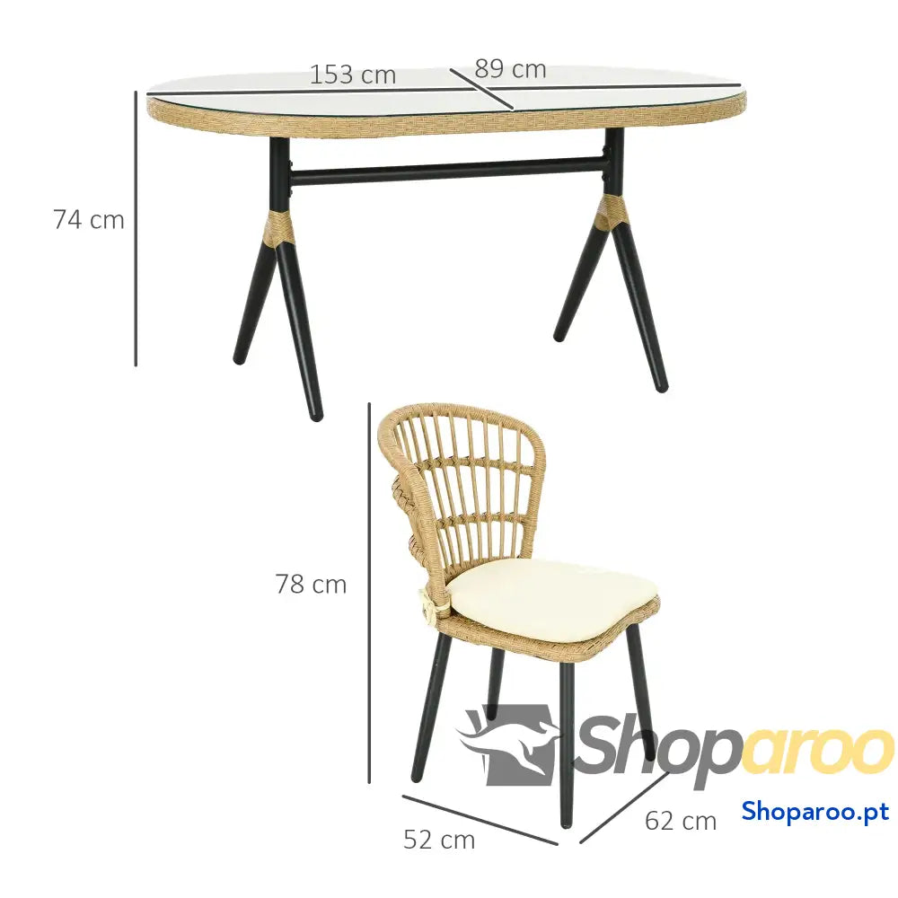 Conjunto de Refeição Vime Sintético 7 Peças Inclui 6 Cadeiras com Almofadas e Mesa Vidro Temperado Natural