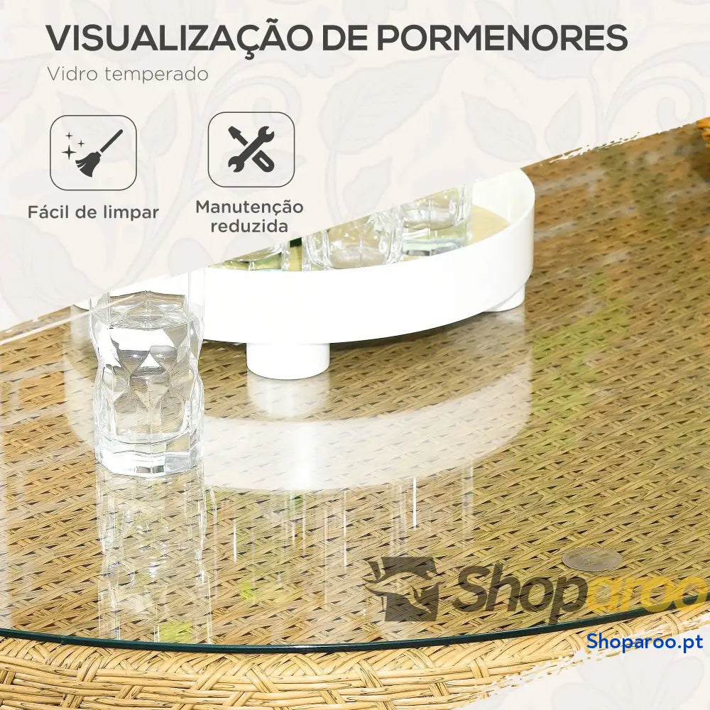 Conjunto de Refeição Vime Sintético 7 Peças Inclui 6 Cadeiras com Almofadas e Mesa Vidro Temperado Natural