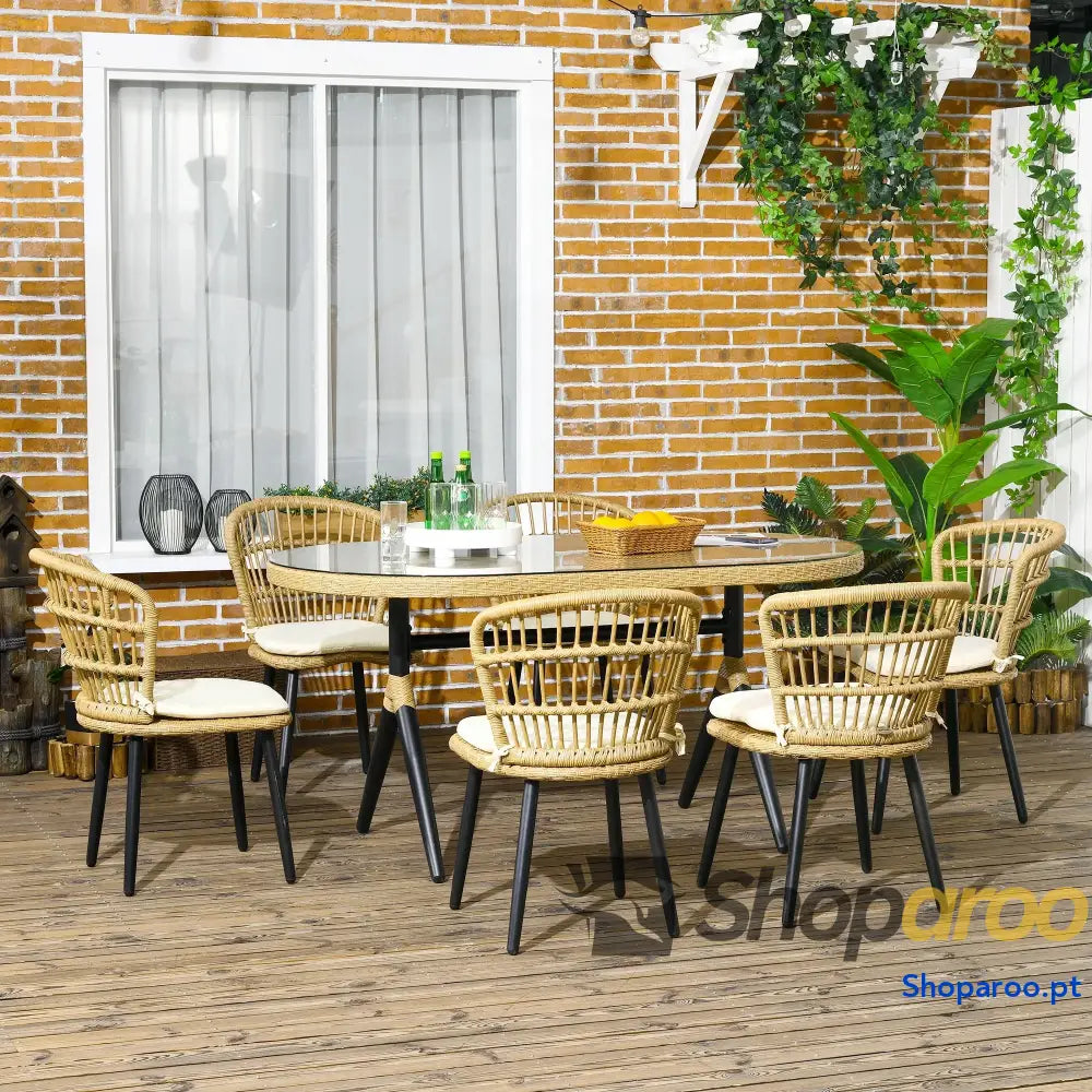 Conjunto de Refeição Vime Sintético 7 Peças Inclui 6 Cadeiras com Almofadas e Mesa Vidro Temperado Natural