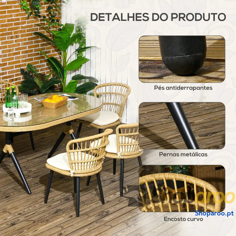 Conjunto de Refeição Vime Sintético 7 Peças Inclui 6 Cadeiras com Almofadas e Mesa Vidro Temperado Natural