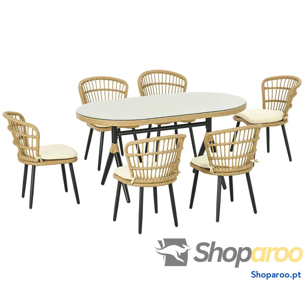 Conjunto de Refeição Vime Sintético 7 Peças Inclui 6 Cadeiras com Almofadas e Mesa Vidro Temperado Natural