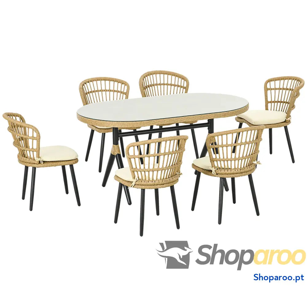 Conjunto de Refeição Vime Sintético 7 Peças Inclui 6 Cadeiras com Almofadas e Mesa Vidro Temperado Natural