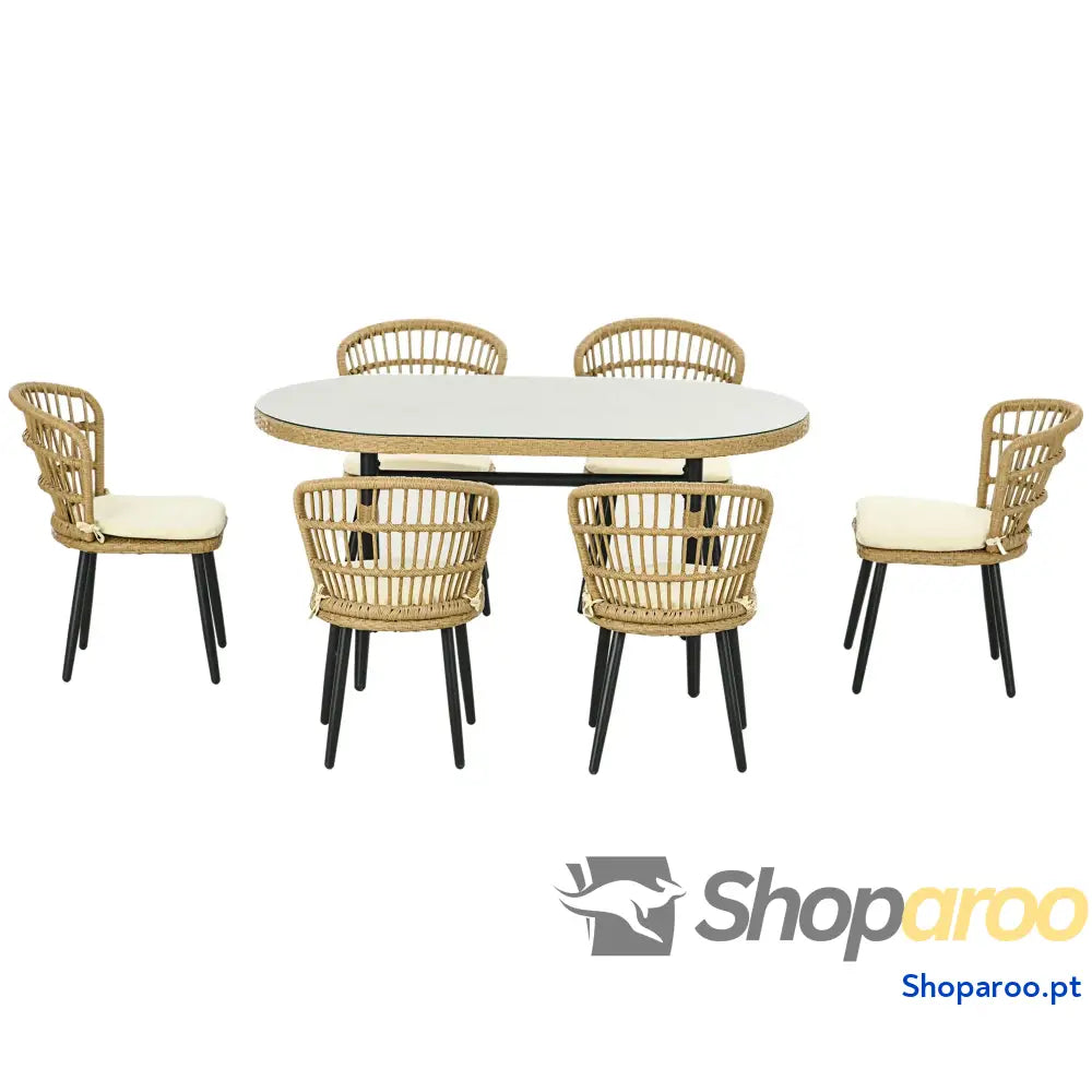Conjunto de Refeição Vime Sintético 7 Peças Inclui 6 Cadeiras com Almofadas e Mesa Vidro Temperado Natural