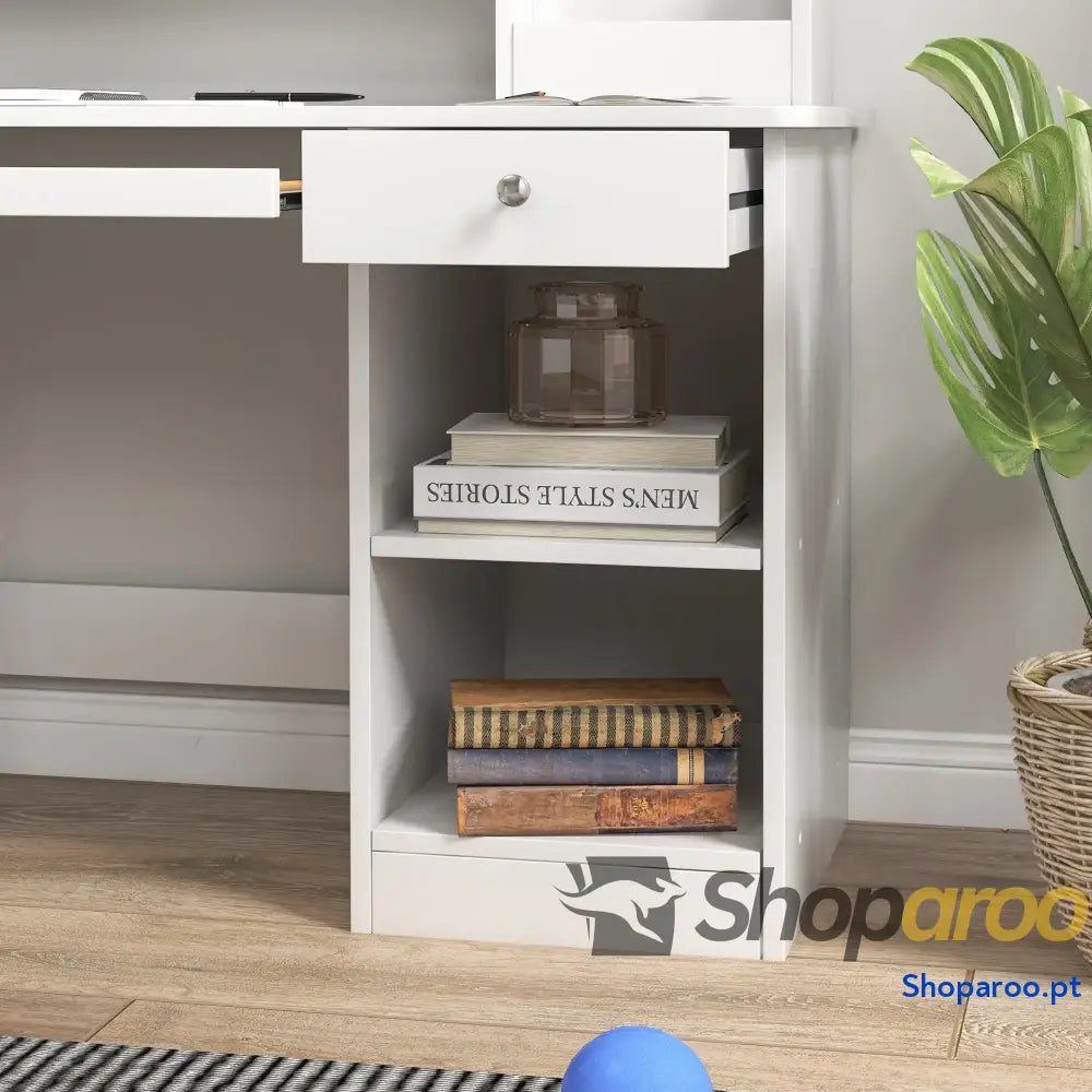 Conjunto de Secretária e Cadeira para Crianças com 2 Gavetas Compartimento Dormitório Sala Estudo Branco