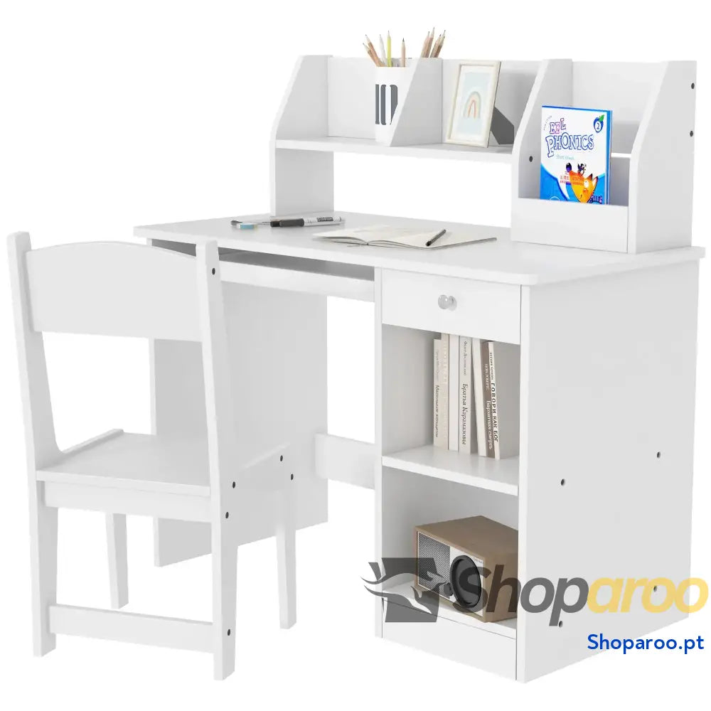 Conjunto de Secretária e Cadeira para Crianças com 2 Gavetas Compartimento Dormitório Sala Estudo Branco