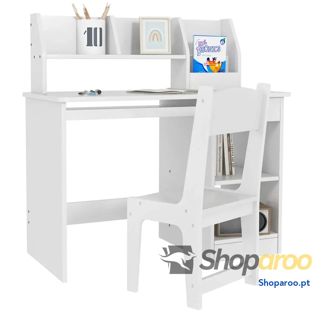 Conjunto de Secretária e Cadeira para Crianças com 2 Gavetas Compartimento Dormitório Sala Estudo Branco