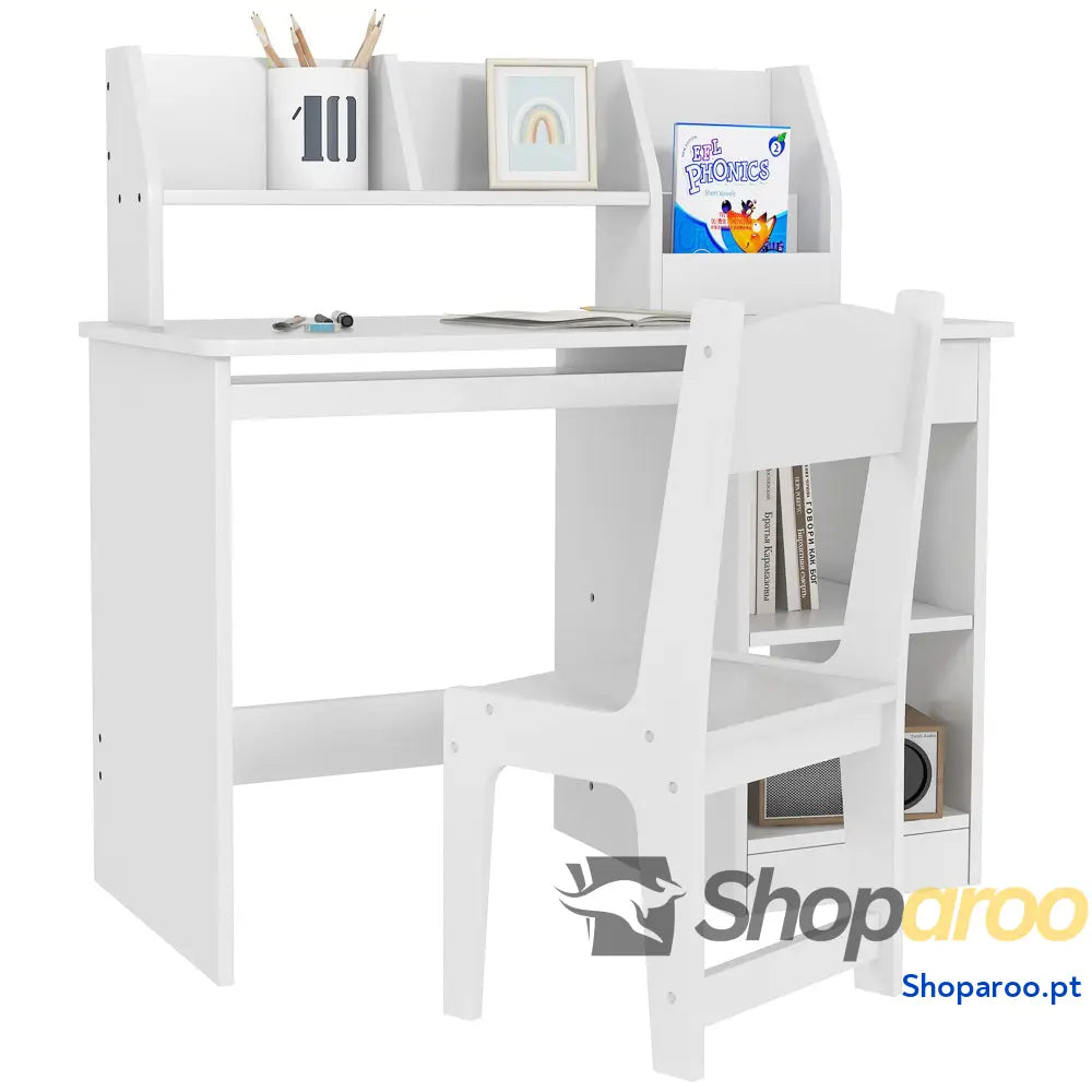Conjunto de Secretária e Cadeira para Crianças com 2 Gavetas Compartimento Dormitório Sala Estudo Branco