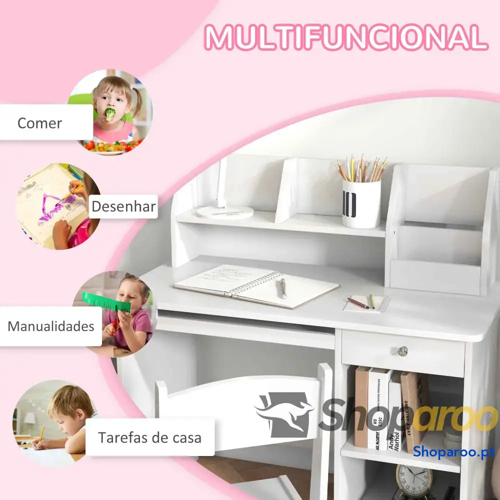 Conjunto de Secretária e Cadeira para Crianças com 2 Gavetas Compartimento Dormitório Sala Estudo Branco