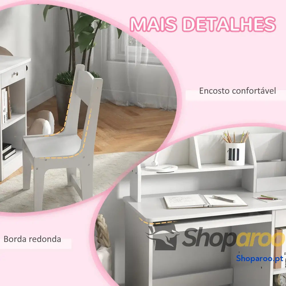 Conjunto de Secretária e Cadeira para Crianças com 2 Gavetas Compartimento Dormitório Sala Estudo Branco