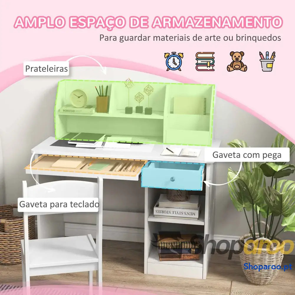 Conjunto de Secretária e Cadeira para Crianças com 2 Gavetas Compartimento Dormitório Sala Estudo Branco