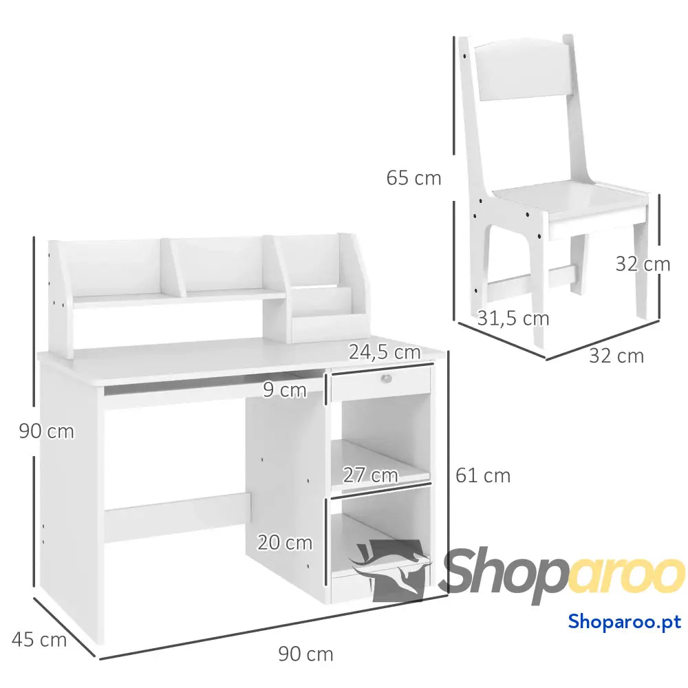 Conjunto de Secretária e Cadeira para Crianças com 2 Gavetas Compartimento Dormitório Sala Estudo Branco