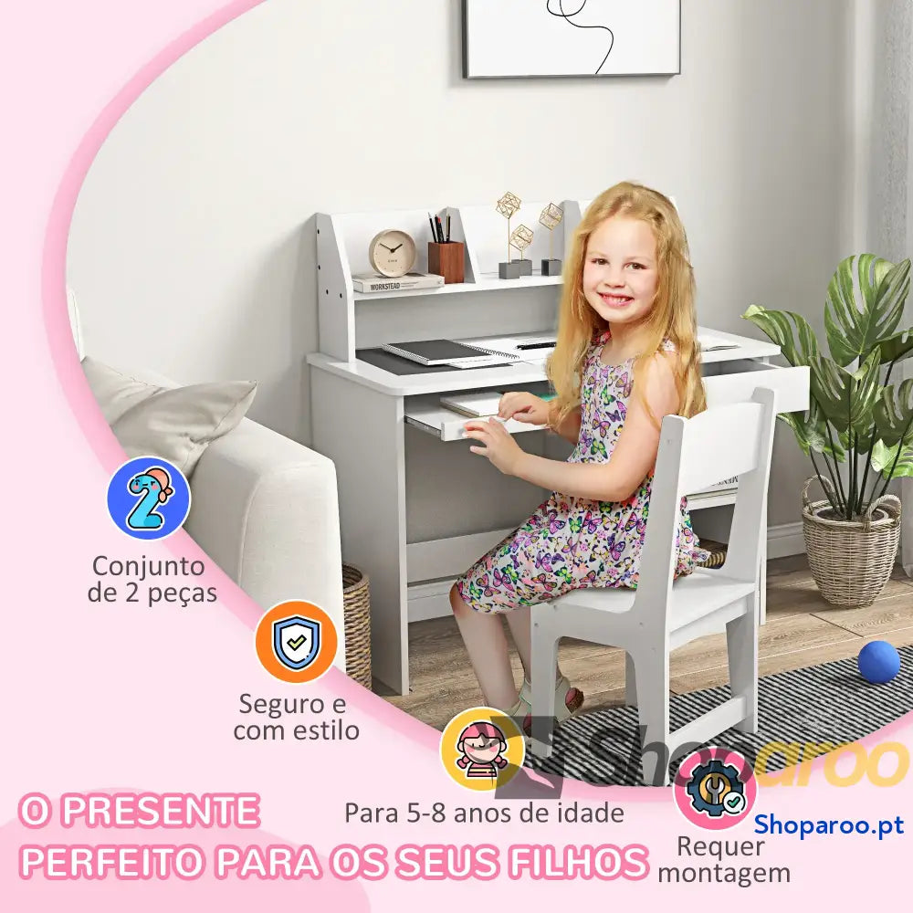Conjunto de Secretária e Cadeira para Crianças com 2 Gavetas Compartimento Dormitório Sala Estudo Branco
