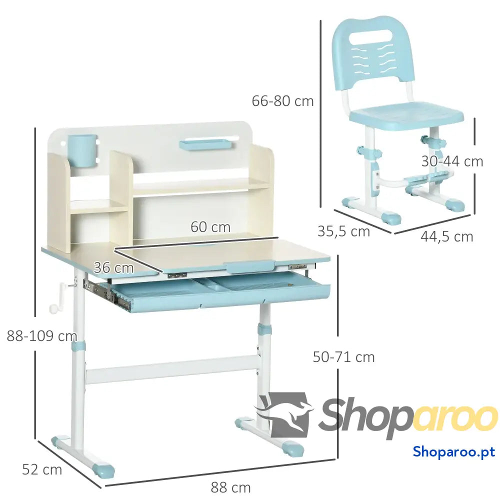 Conjunto de Secretária e Cadeira para Crianças com Altura Ajustável Bancada Inclinável 80x52x88x109cm 35,5x44,5x66-80cm