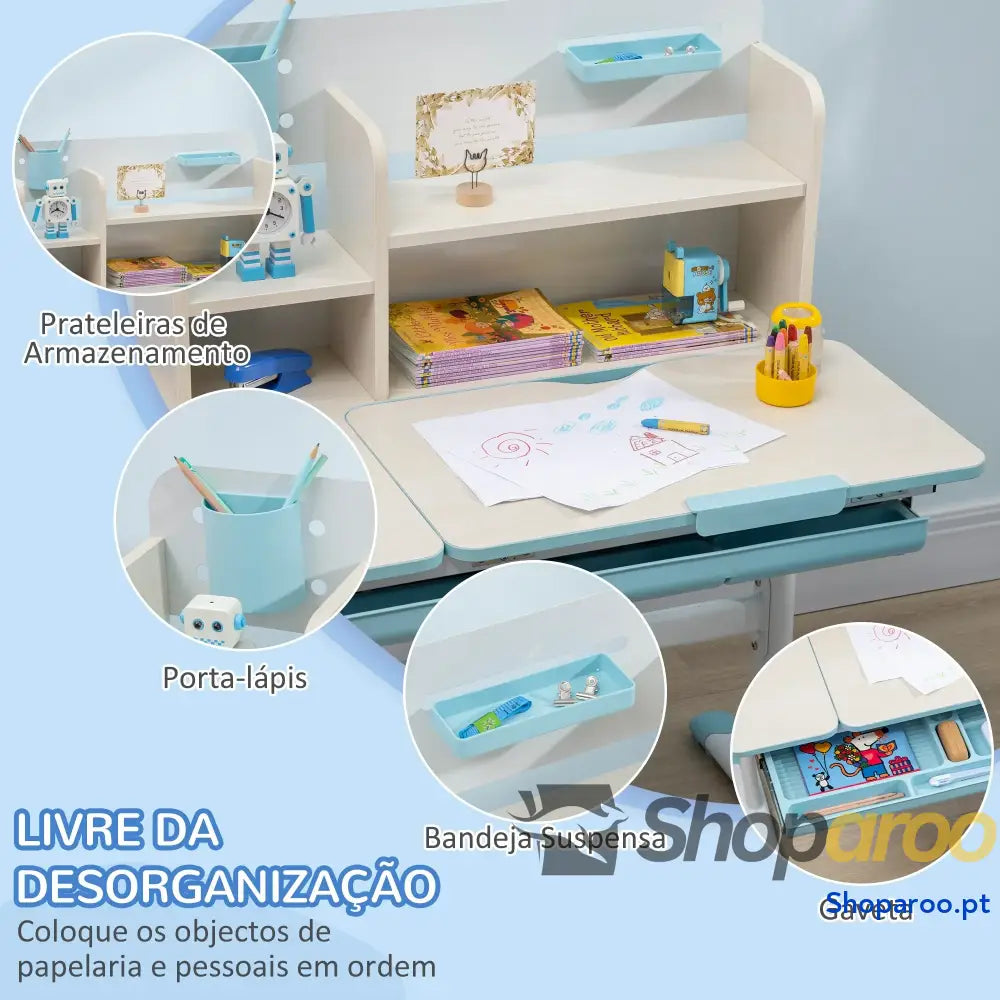 Conjunto de Secretária e Cadeira para Crianças com Altura Ajustável Bancada Inclinável 80x52x88x109cm 35,5x44,5x66-80cm