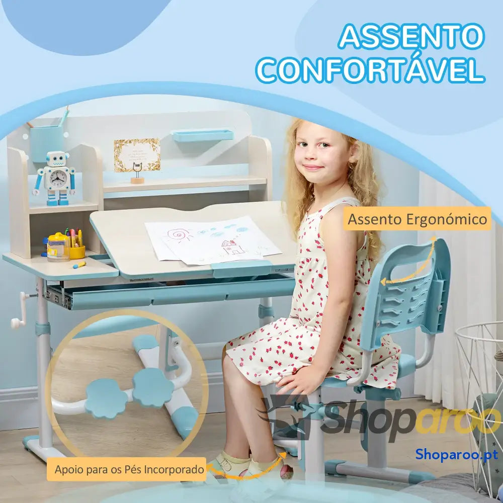 Conjunto de Secretária e Cadeira para Crianças com Altura Ajustável Bancada Inclinável 80x52x88x109cm 35,5x44,5x66-80cm