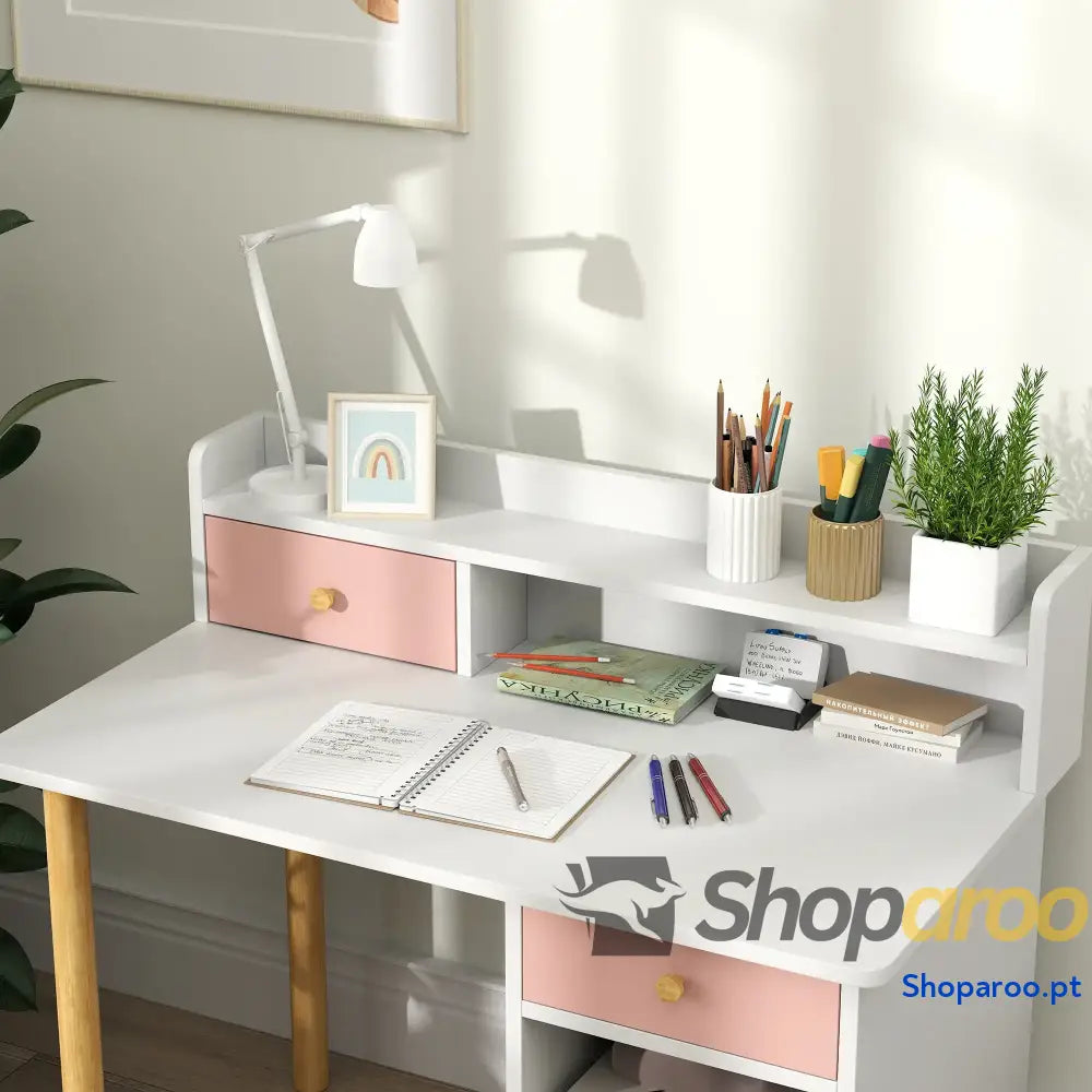 Conjunto de secretária e cadeira para crianças rosa com prateleiras gaveta