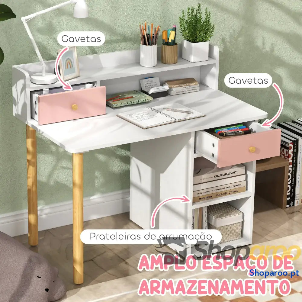 Conjunto de secretária e cadeira para crianças rosa com prateleiras gaveta