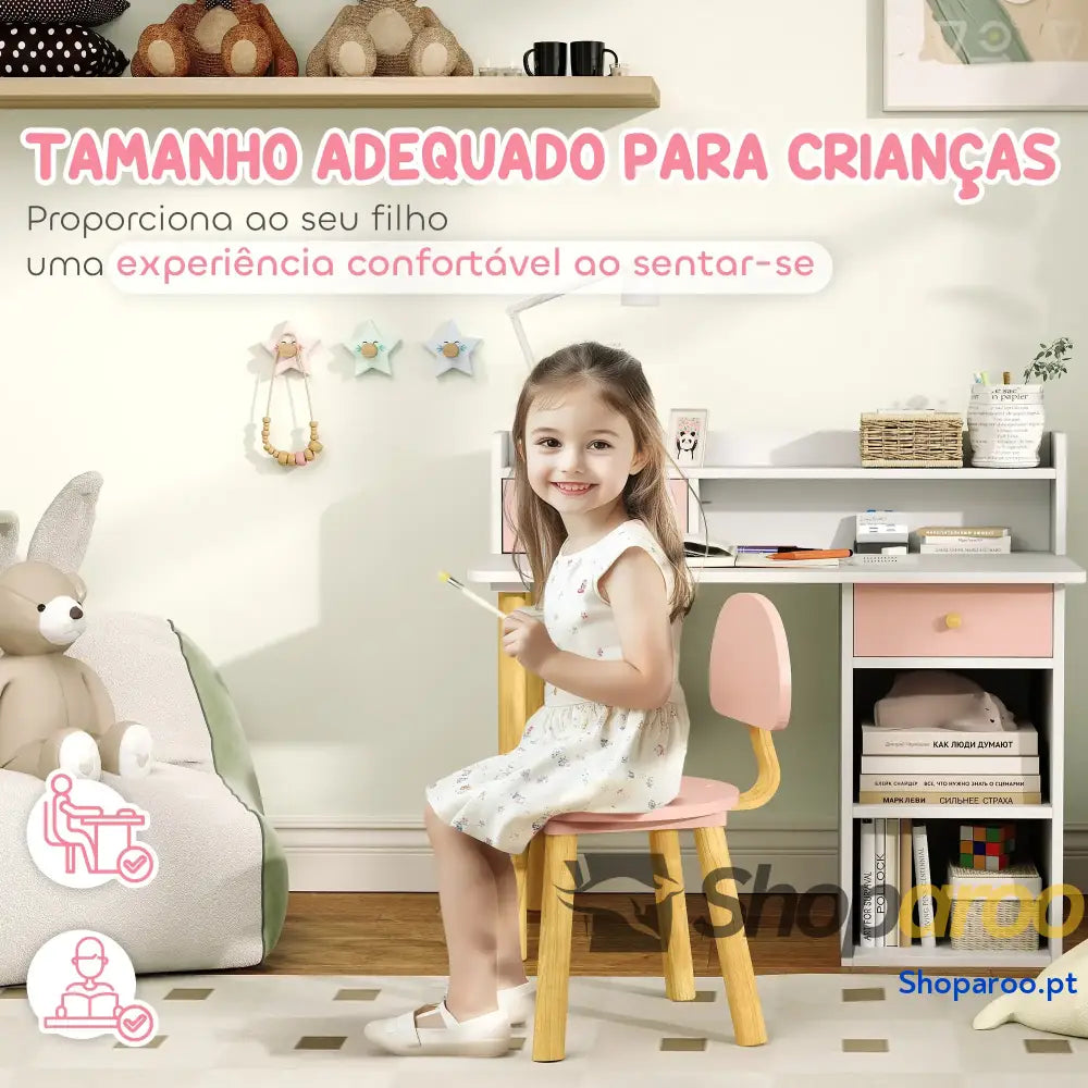Conjunto de secretária e cadeira para crianças rosa com prateleiras gaveta
