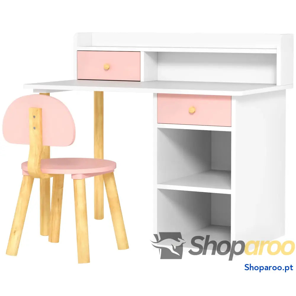 Conjunto de secretária e cadeira para crianças rosa com prateleiras gaveta