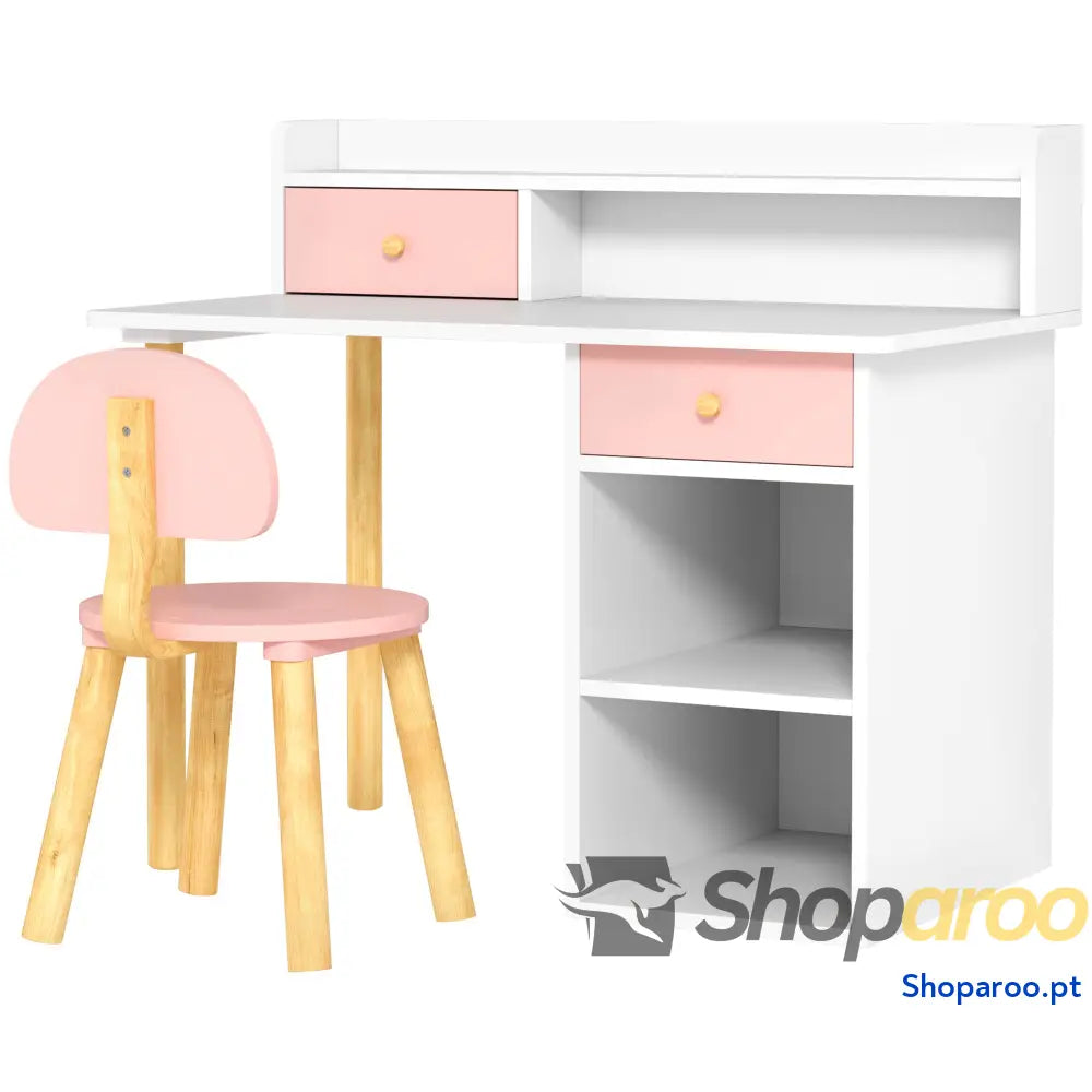 Conjunto de secretária e cadeira para crianças rosa com prateleiras gaveta