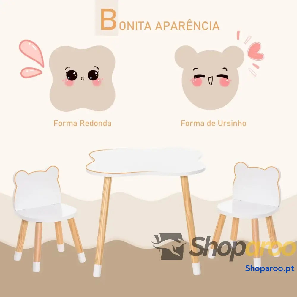 Conjunto Infantil de Mesa e 2 Cadeiras Madeira Móveis para Sala Jogos Dormitório Crianças 56x56x50cm Cadeira 28x25x46cm