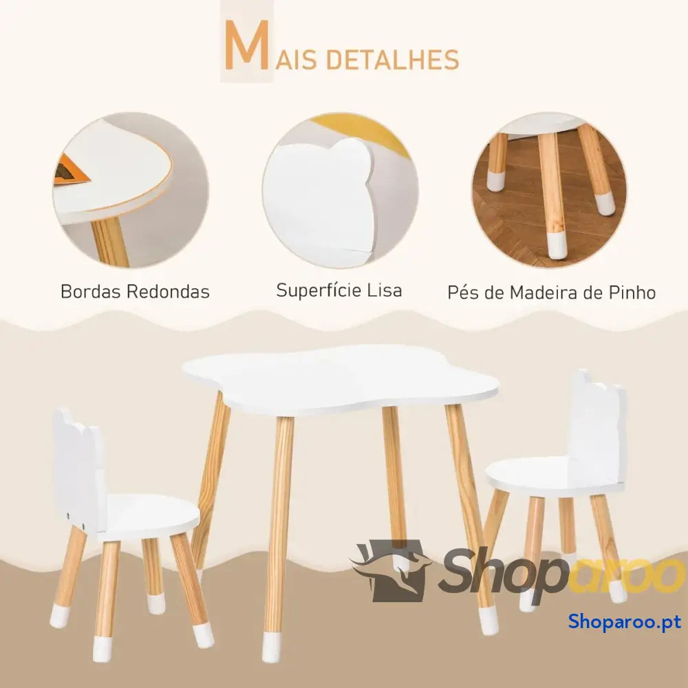 Conjunto Infantil de Mesa e 2 Cadeiras Madeira Móveis para Sala Jogos Dormitório Crianças 56x56x50cm Cadeira 28x25x46cm