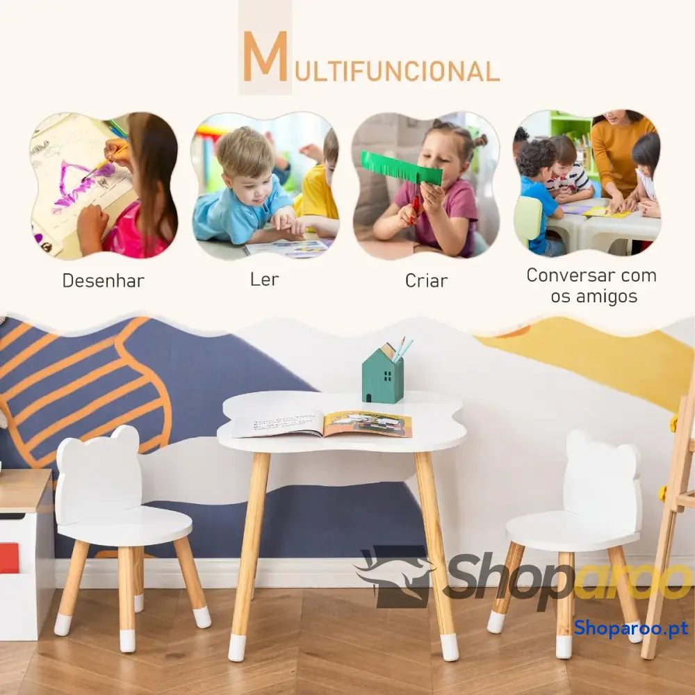 Conjunto Infantil de Mesa e 2 Cadeiras Madeira Móveis para Sala Jogos Dormitório Crianças 56x56x50cm Cadeira 28x25x46cm