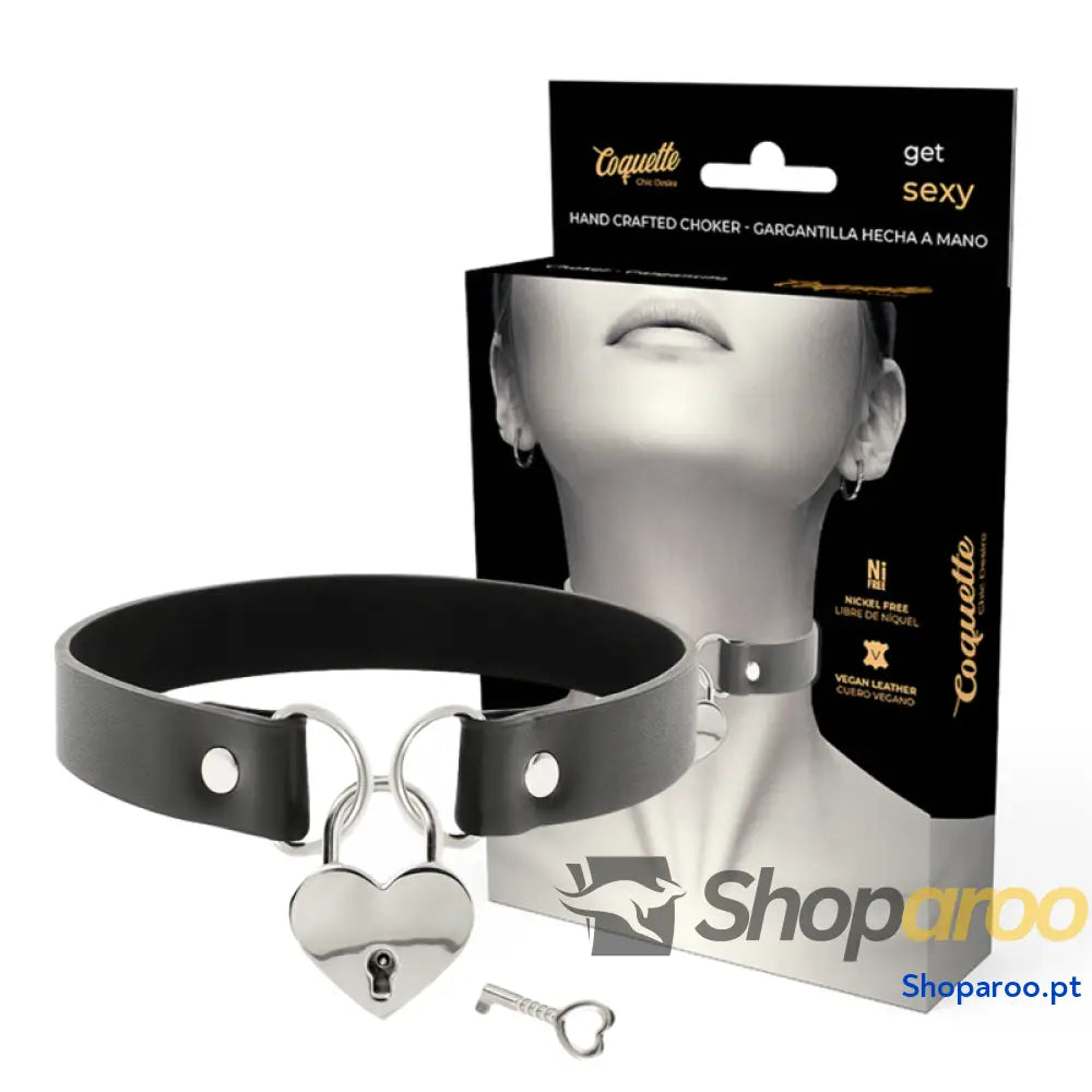 COQUETTE CHIC DESIRE - COLAR DE COURO VEGANO COM ACESSÓRIO DE CORAO COM CHAVE
