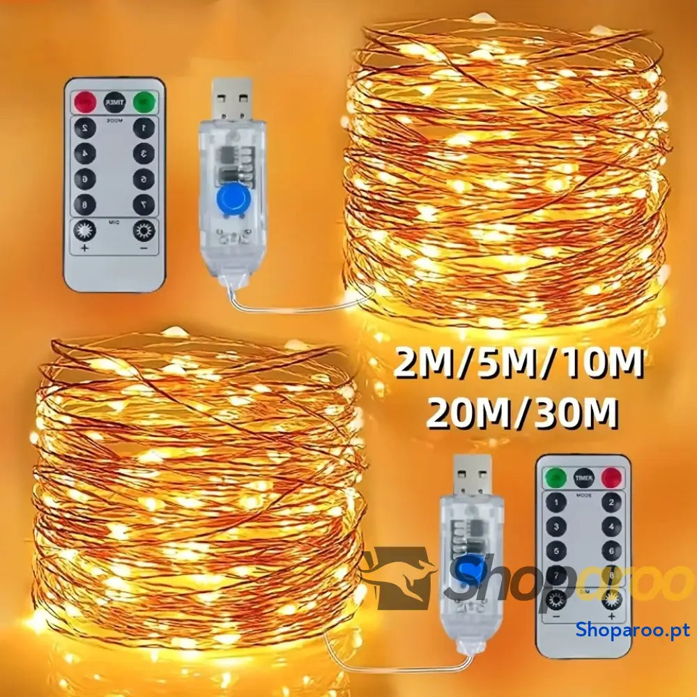 Cordão de Luz LED USB para Natal e Decoração 8 Modos com Controlo Remoto