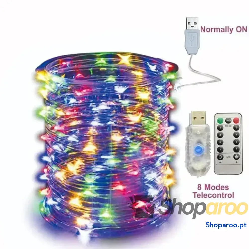 Cordão de Luz LED USB para Natal e Decoração 8 Modos com Controlo Remoto