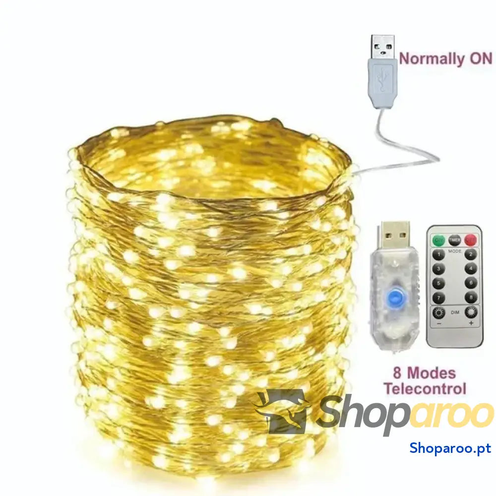 Cordão de Luz LED USB para Natal e Decoração 8 Modos com Controlo Remoto