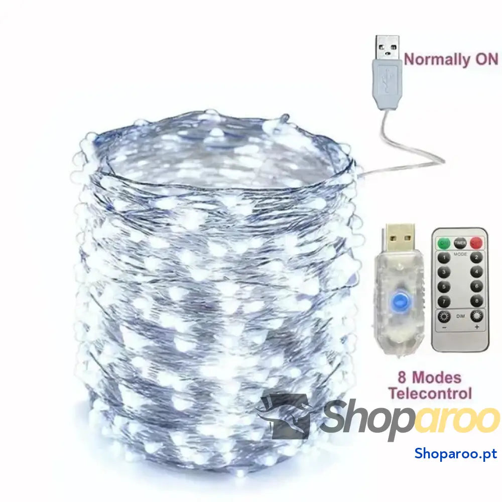 Cordão de Luz LED USB para Natal e Decoração 8 Modos com Controlo Remoto