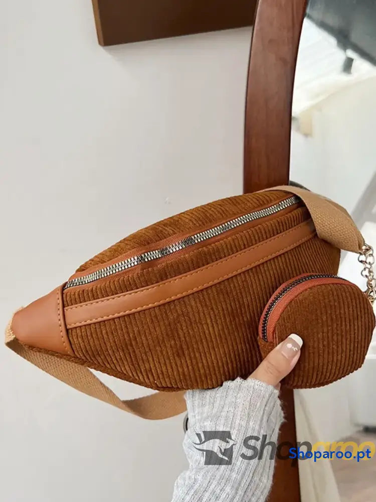 Corduroy Adjustable Strap Crossbody Bag with Pouch