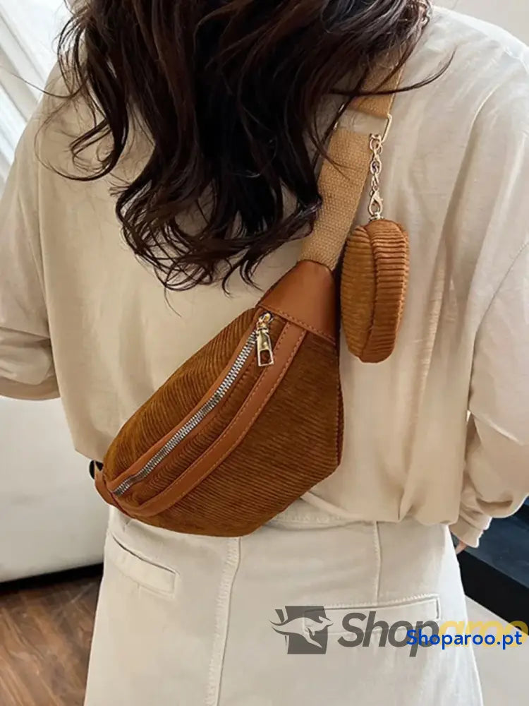 Corduroy Adjustable Strap Crossbody Bag with Pouch