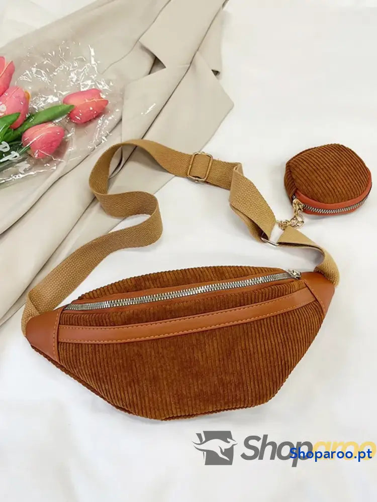 Corduroy Adjustable Strap Crossbody Bag with Pouch