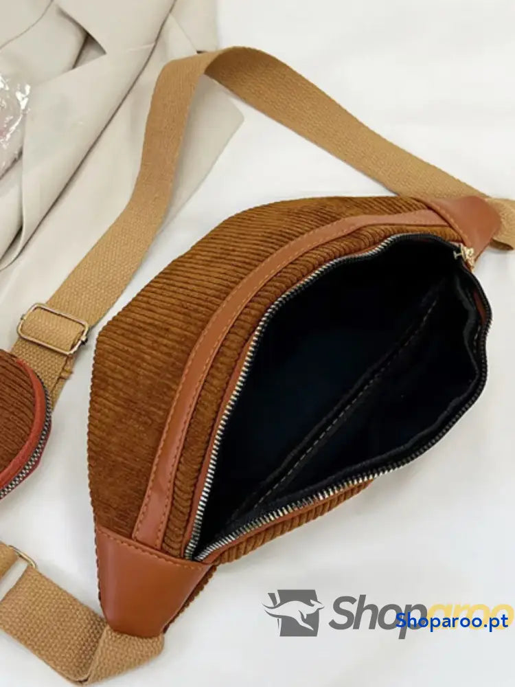 Corduroy Adjustable Strap Crossbody Bag with Pouch