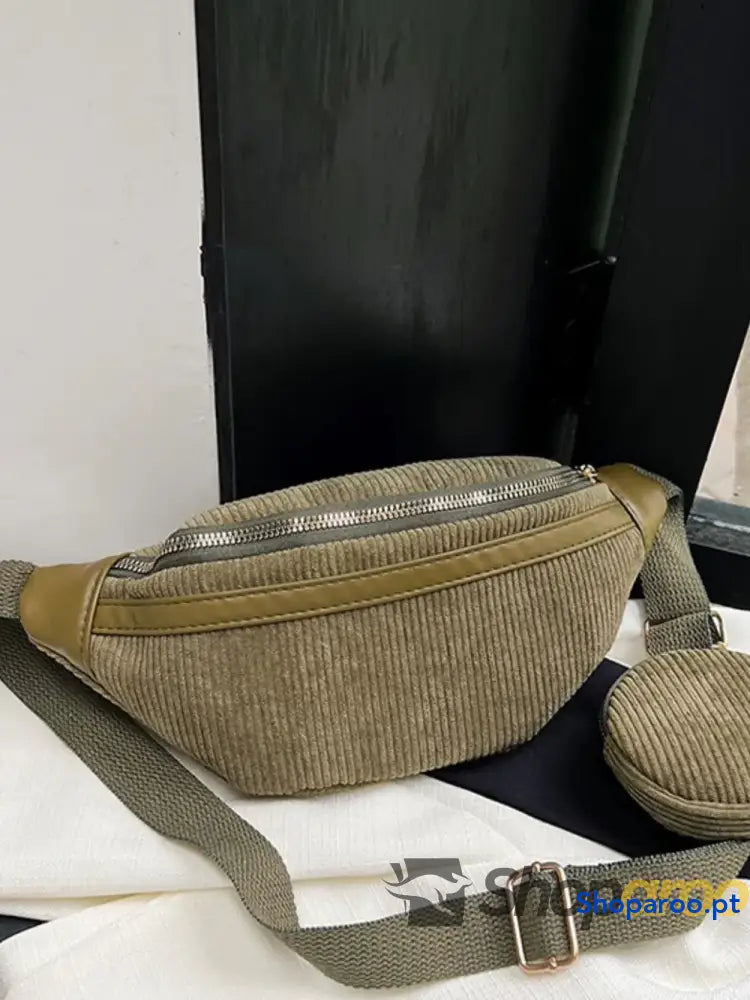 Corduroy Adjustable Strap Crossbody Bag with Pouch