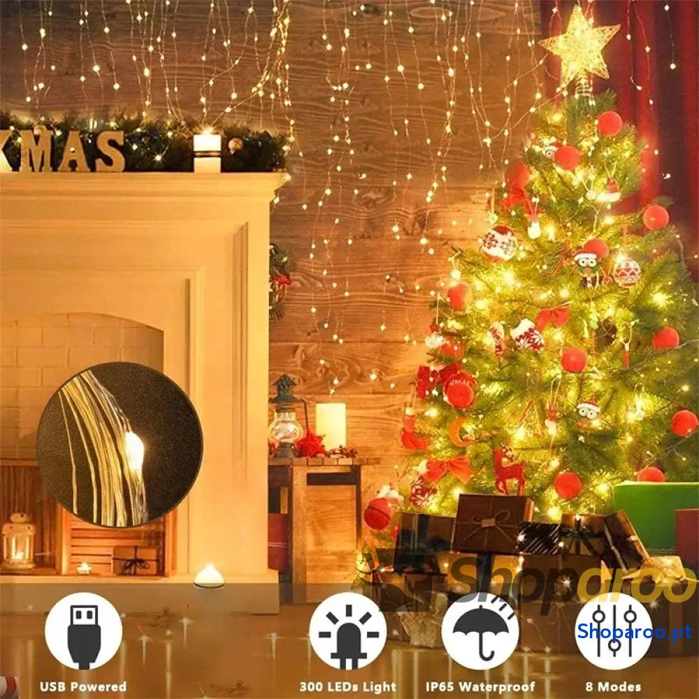 Cortina LED 3M para Natal e Decoração de Casa Jardim