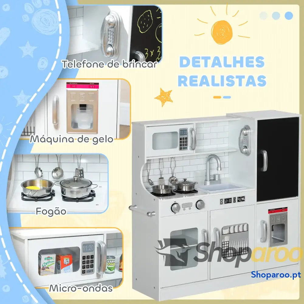 Cozinha de Brincar para Crianças acima 3 anos Infantil Madeira com Acessórios Máquina Gelo Ardósia e Telefone