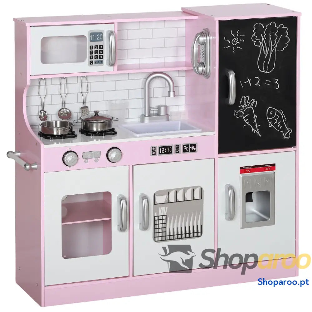 Cozinha de Brincar para Crianças acima 3 anos Infantil Madeira com Acessórios Máquina Gelo Ardósia e Telefone