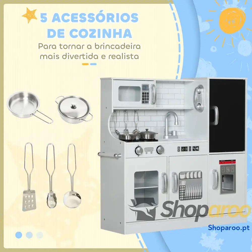 Cozinha de Brincar para Crianças acima 3 anos Infantil Madeira com Acessórios Máquina Gelo Ardósia e Telefone