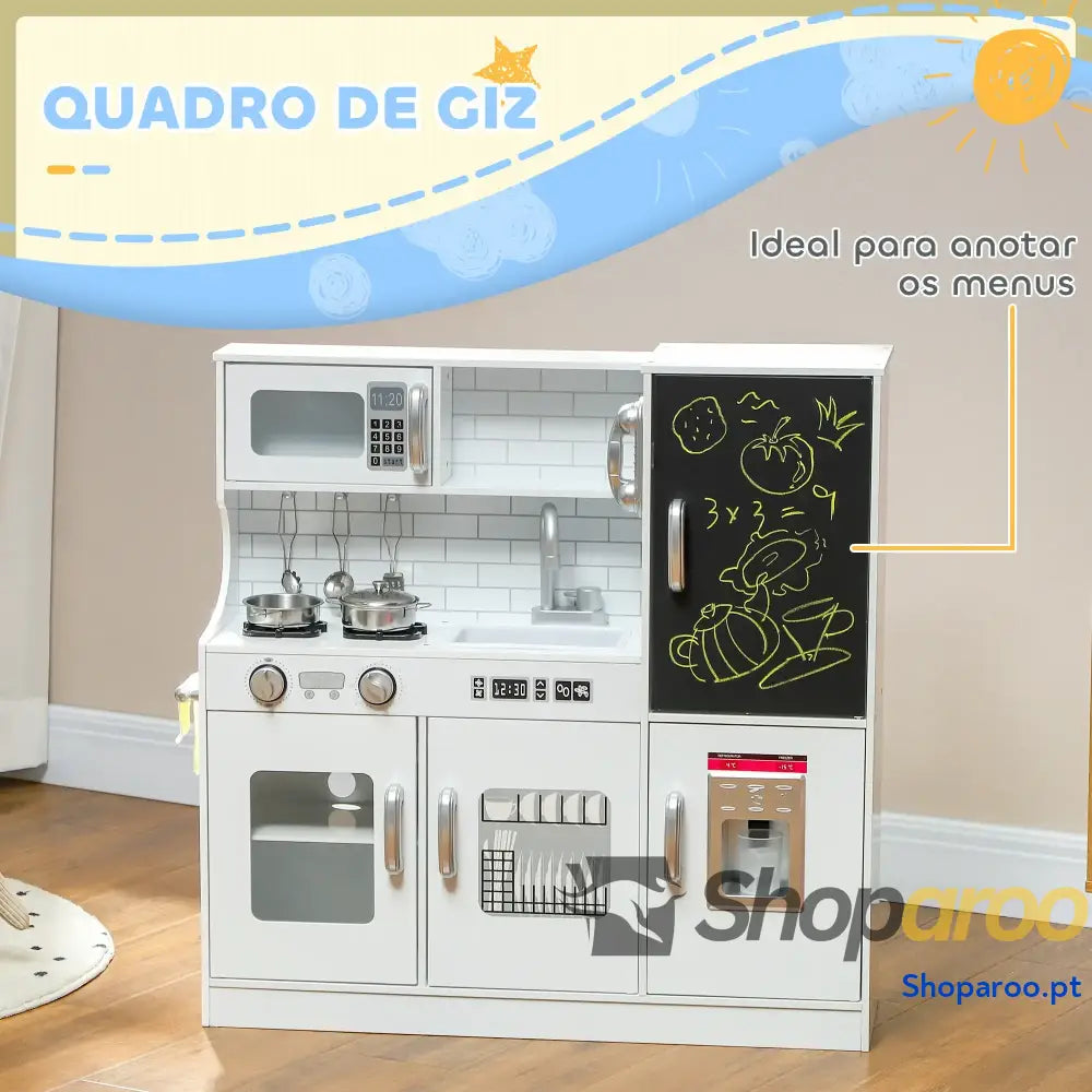 Cozinha de Brincar para Crianças acima 3 anos Infantil Madeira com Acessórios Máquina Gelo Ardósia e Telefone